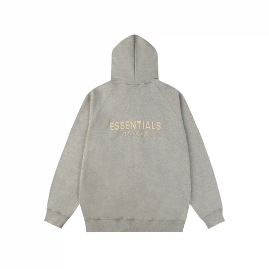 Essentials Light Heather oatmeal zip-up hoodie back view – Fear of God