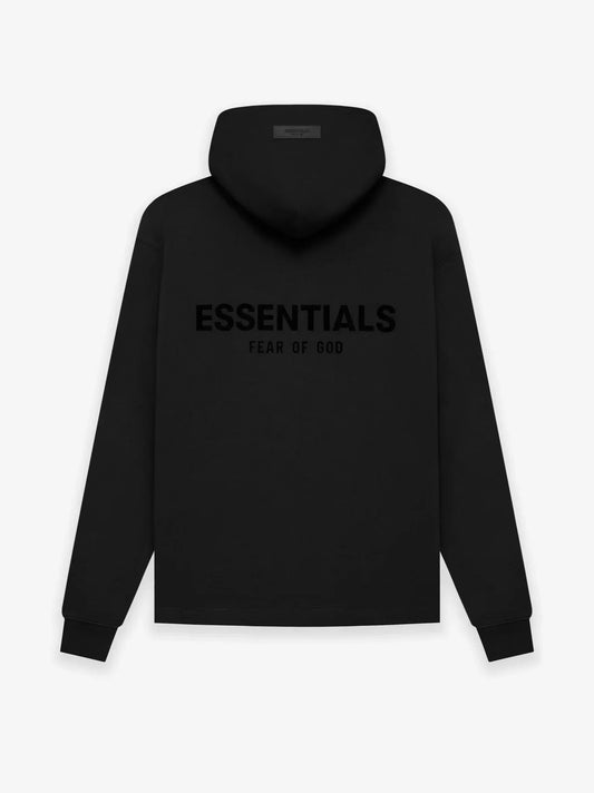 Essentials black hoodie back view relaxed fit heavyweight core fleece