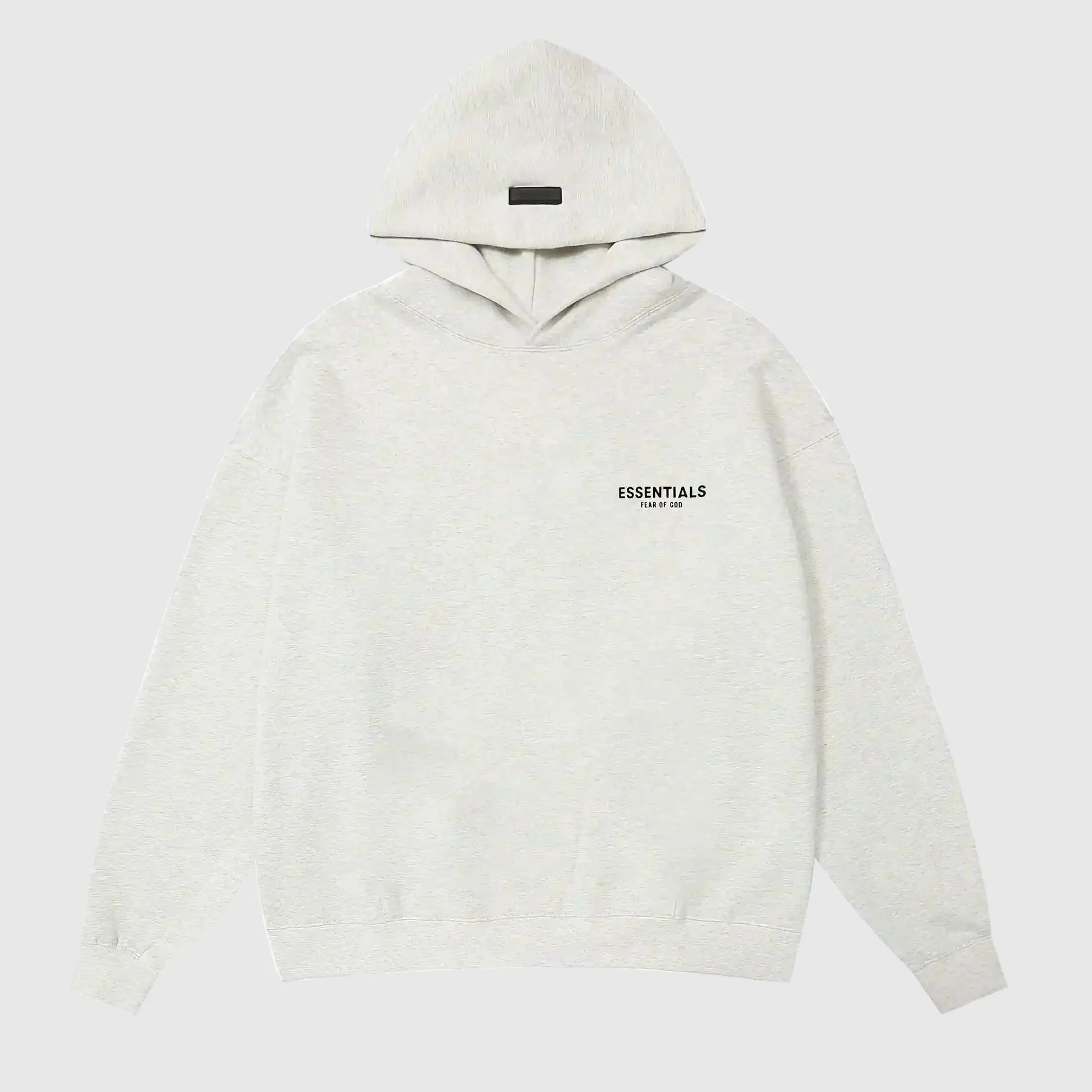 Fear of God Essentials Cloud Dance hoodie front view with rubberized black bar branding