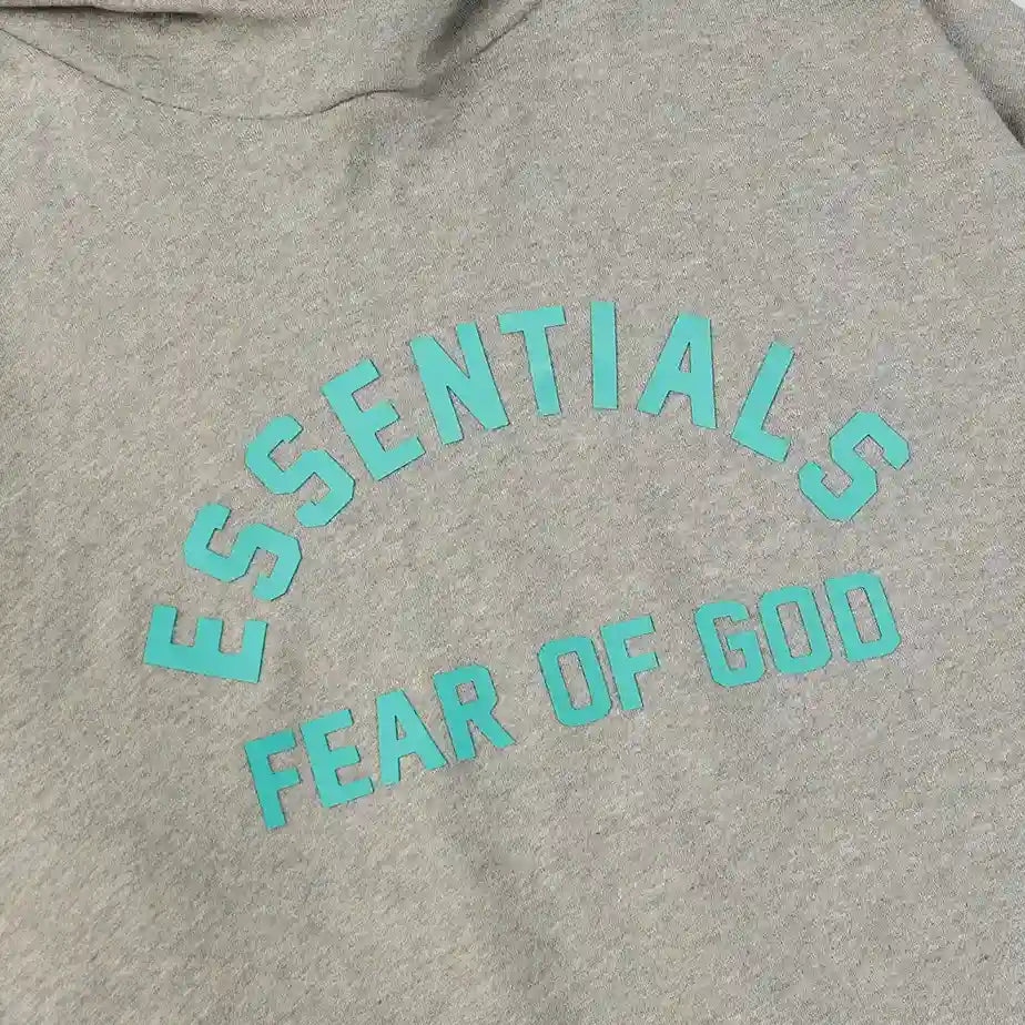 essentials dark heather oatmeal hoodie ribbed cuffs and hem detail