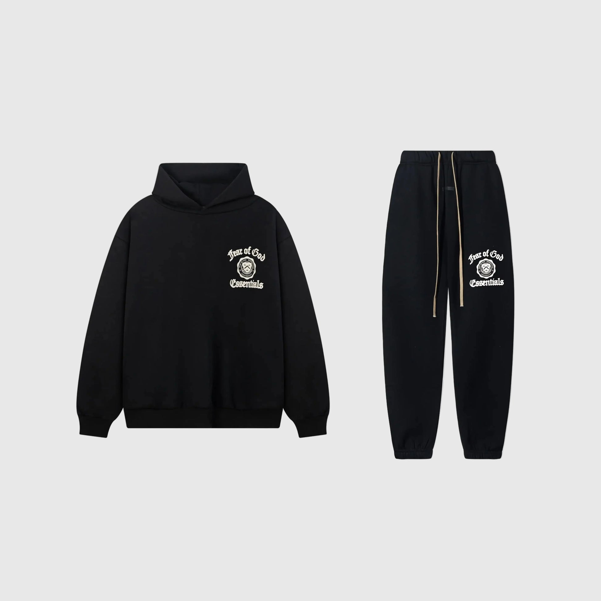 Fear of God Essentials black tracksuit set front view hoodie and joggers