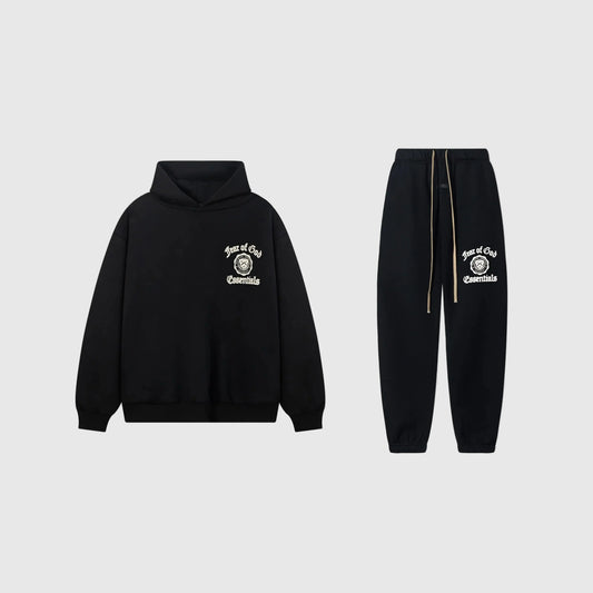 Fear of God Essentials black tracksuit set front view hoodie and joggers