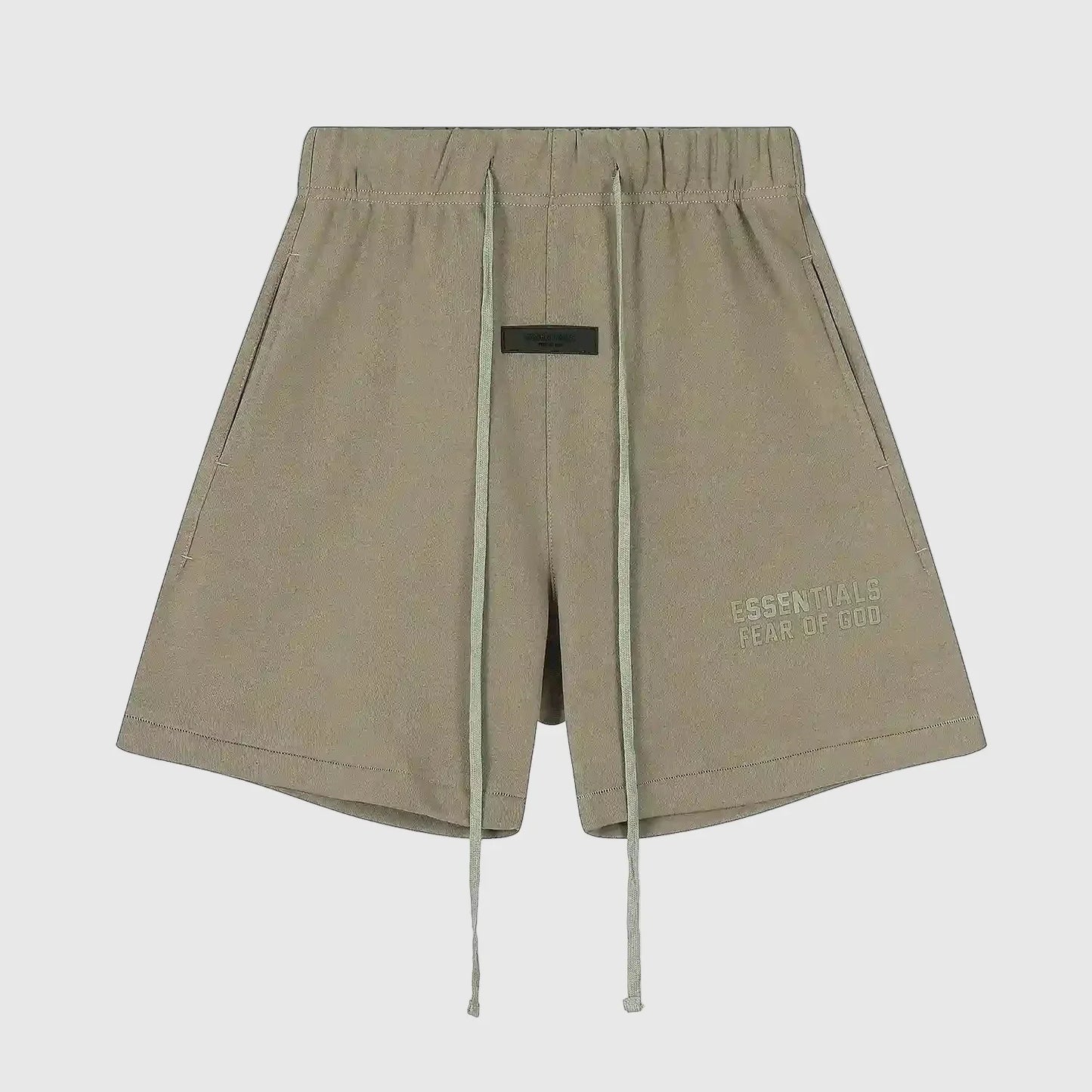 Fear of God Essentials Sandrift beige fleece shorts with tonal logo and long drawstrings