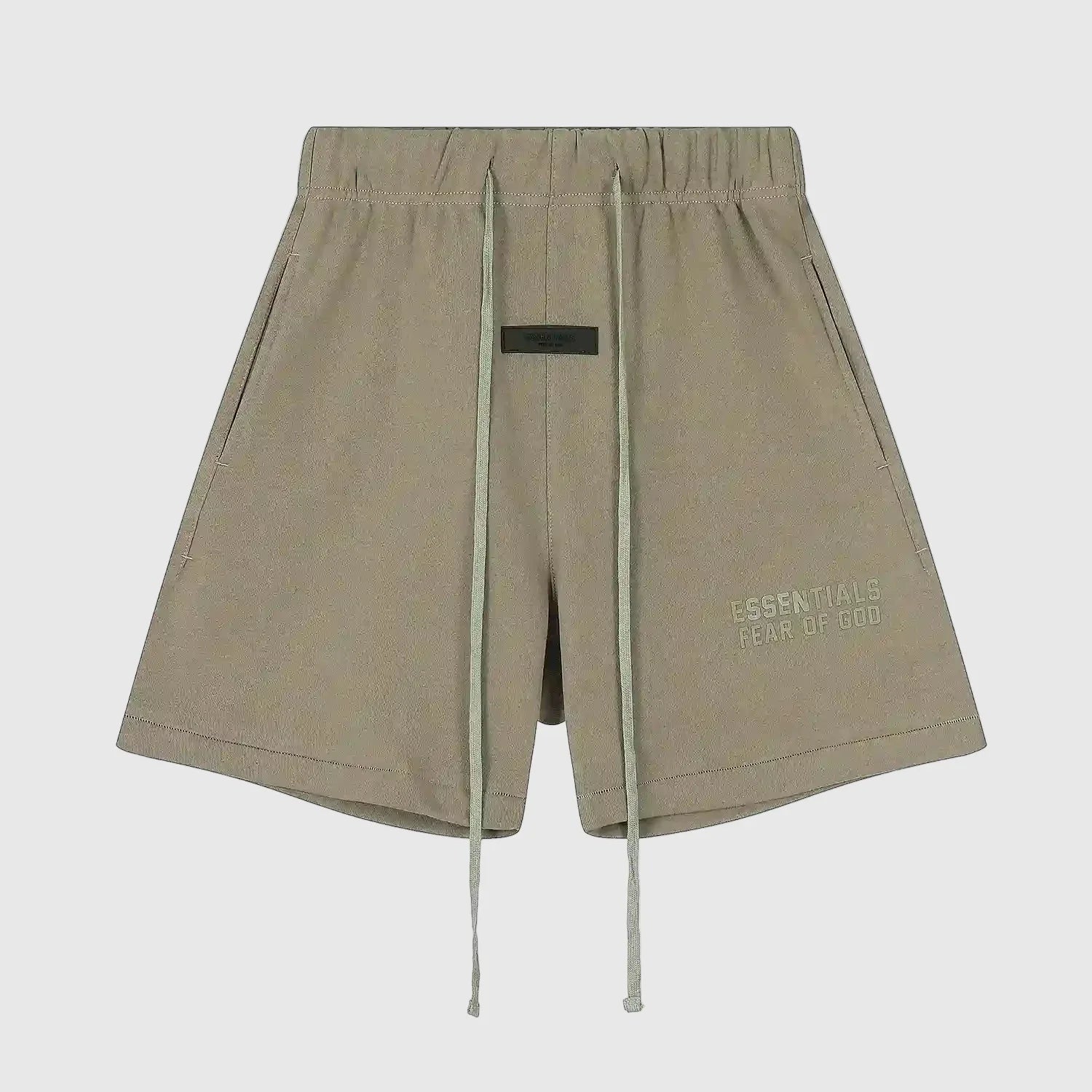 Fear of God Essentials Sandrift beige fleece shorts with tonal logo and long drawstrings