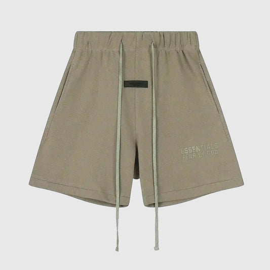 Fear of God Essentials Sandrift beige fleece shorts with tonal logo and long drawstrings