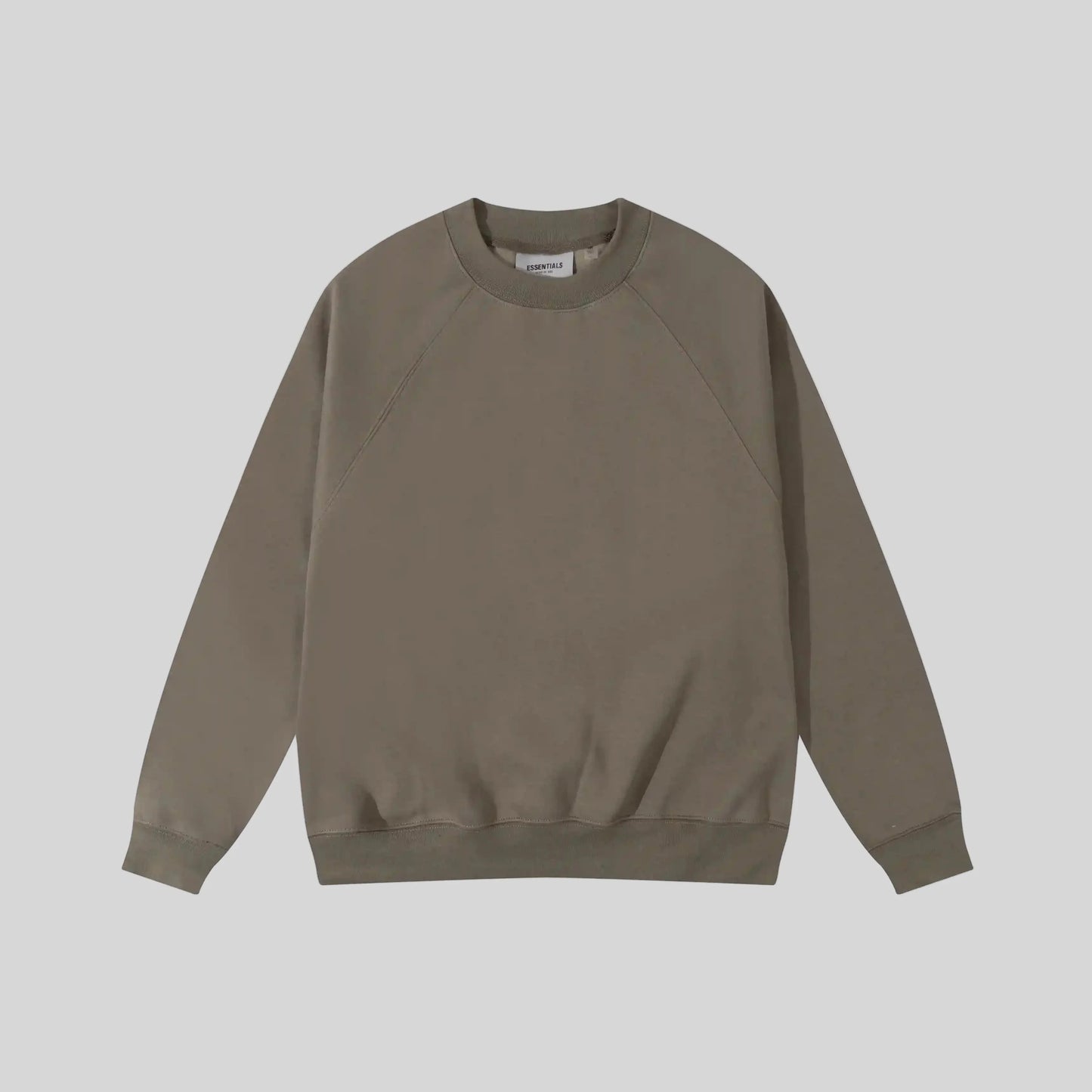 Fear of God Essentials tobacco brown sweatshirt front view classic fit crewneck