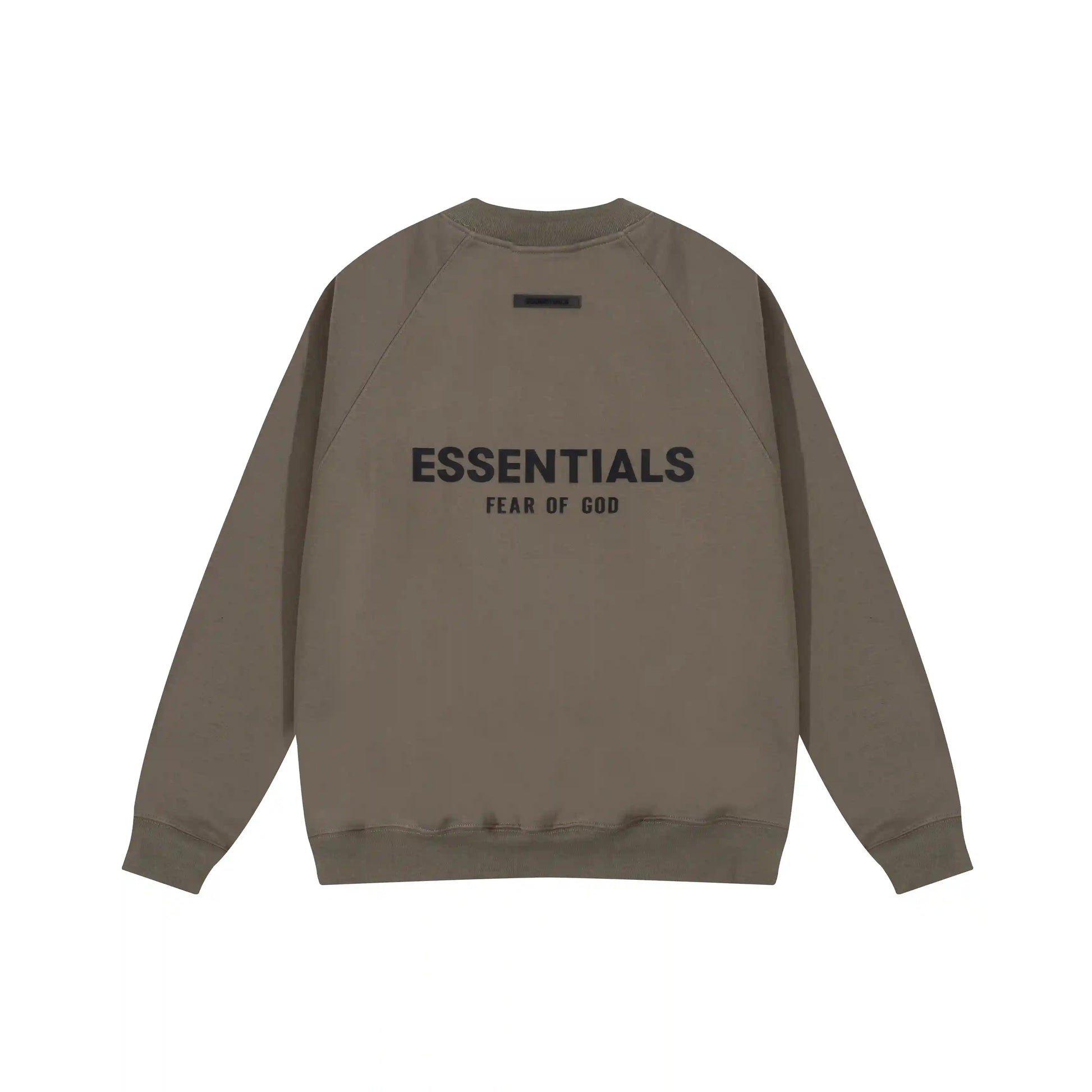 Fear of God Essentials tobacco brown sweatshirt back view with Essentials logo
