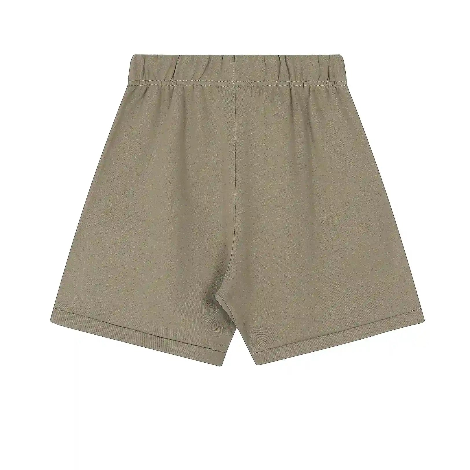 Fear of God Essentials Sandrift beige fleece shorts with tonal logo and long drawstrings