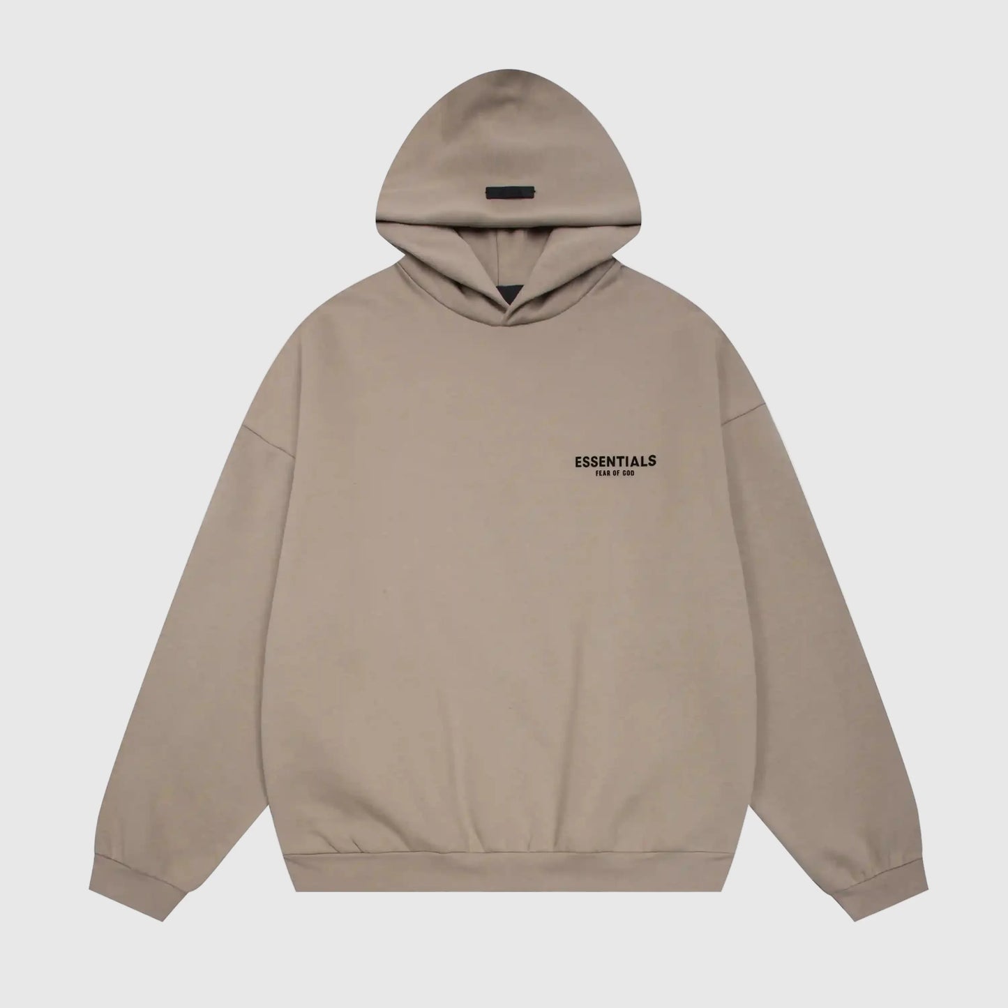 Fear of God Essentials sandrift hoodie front view with rubberized Black Bar branding