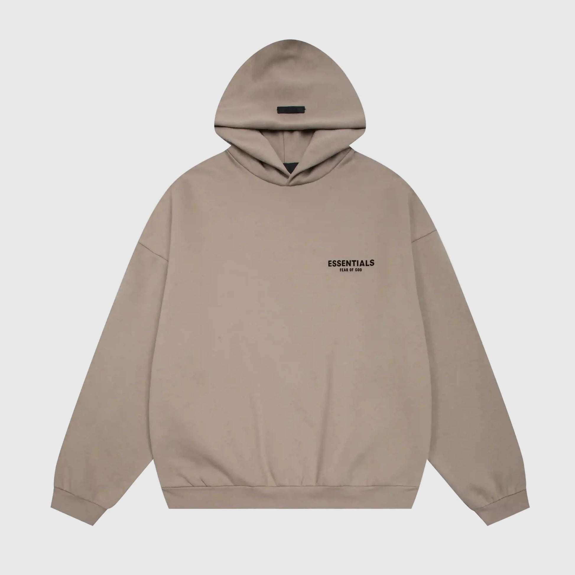 Fear of God Essentials sandrift hoodie front view with rubberized Black Bar branding
