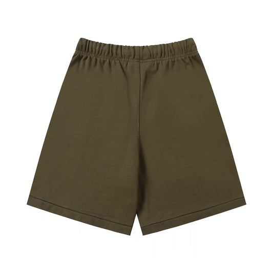 Fear of God Essentials woodland shorts in earthy fleece with tonal branding and relaxed fit