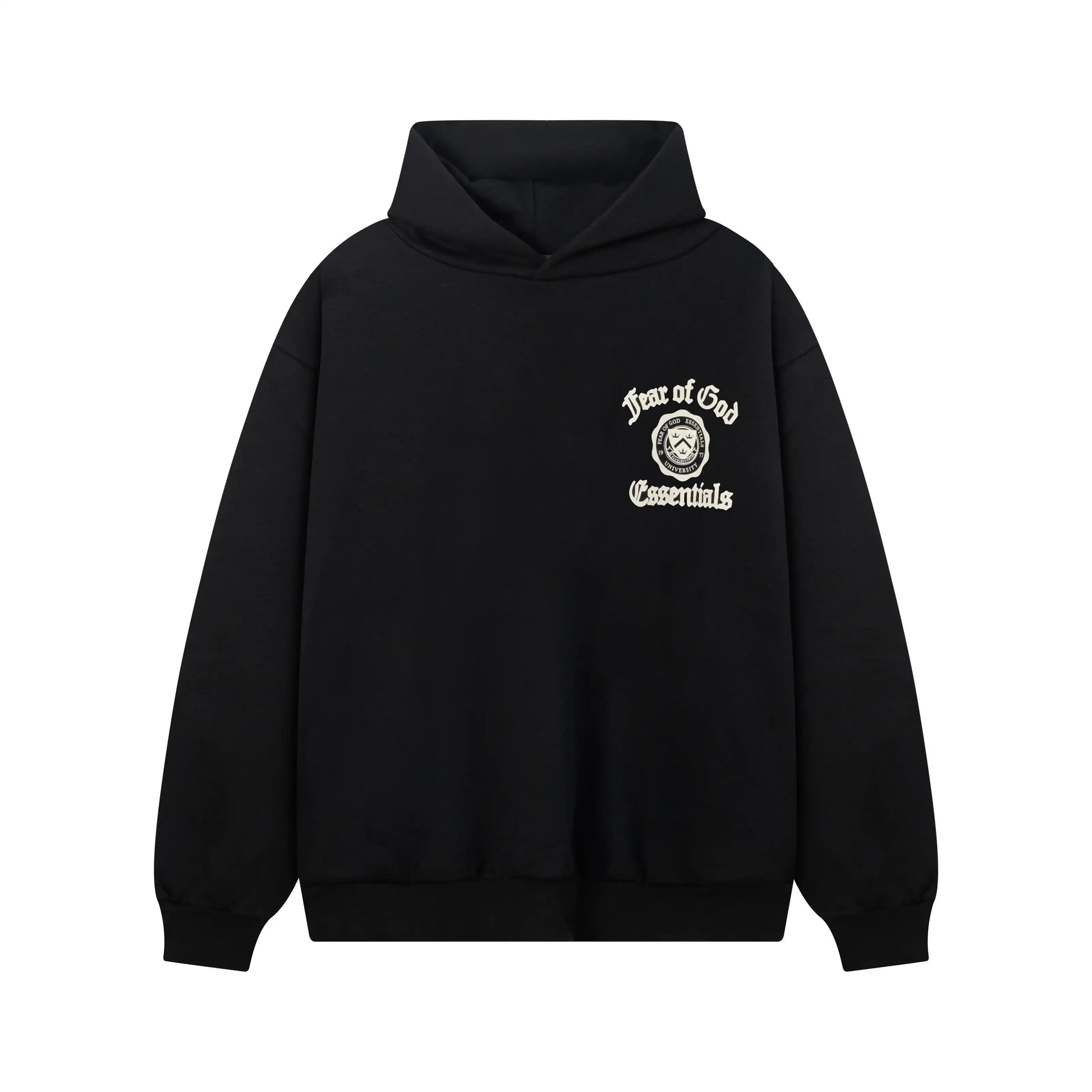 Black Essentials hoodie center front rubberized black bar branding detail