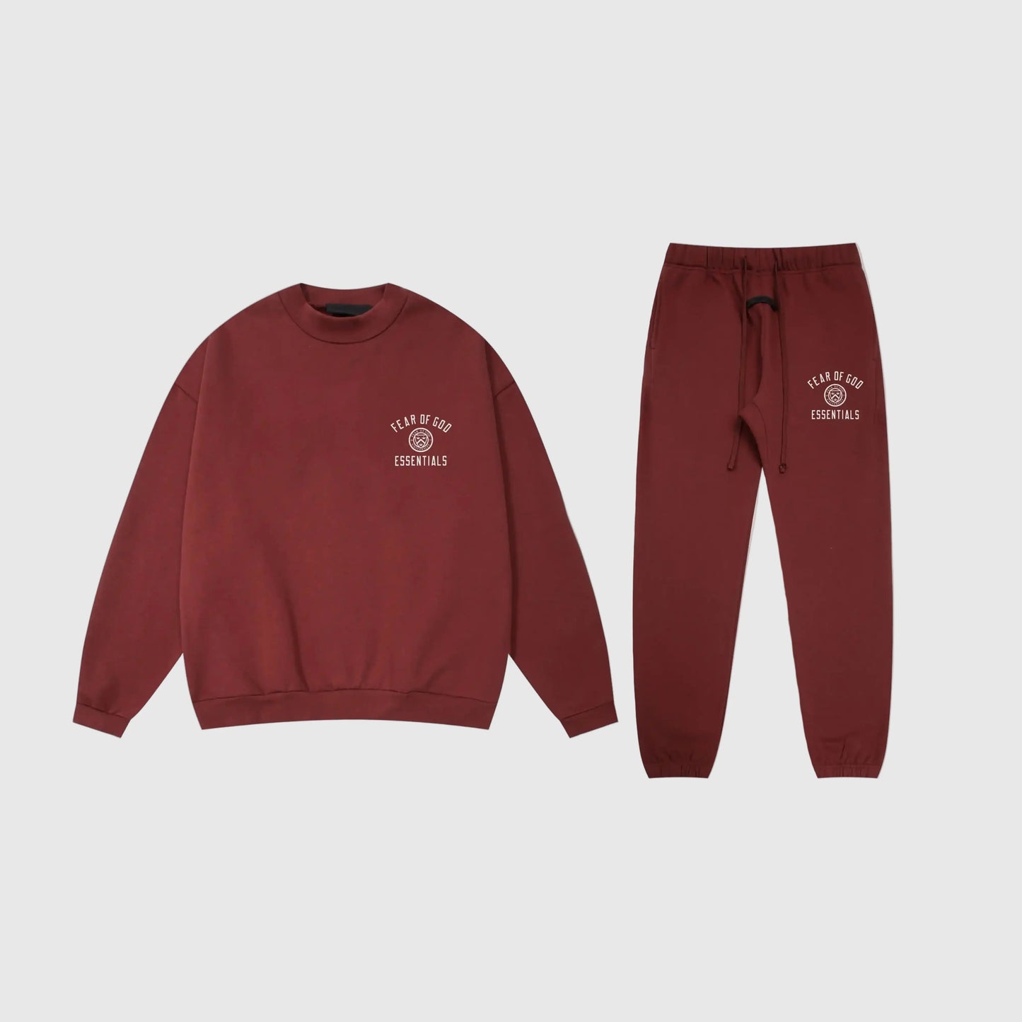Fear of God Essentials dark chestnut tracksuit front view crewneck and joggers