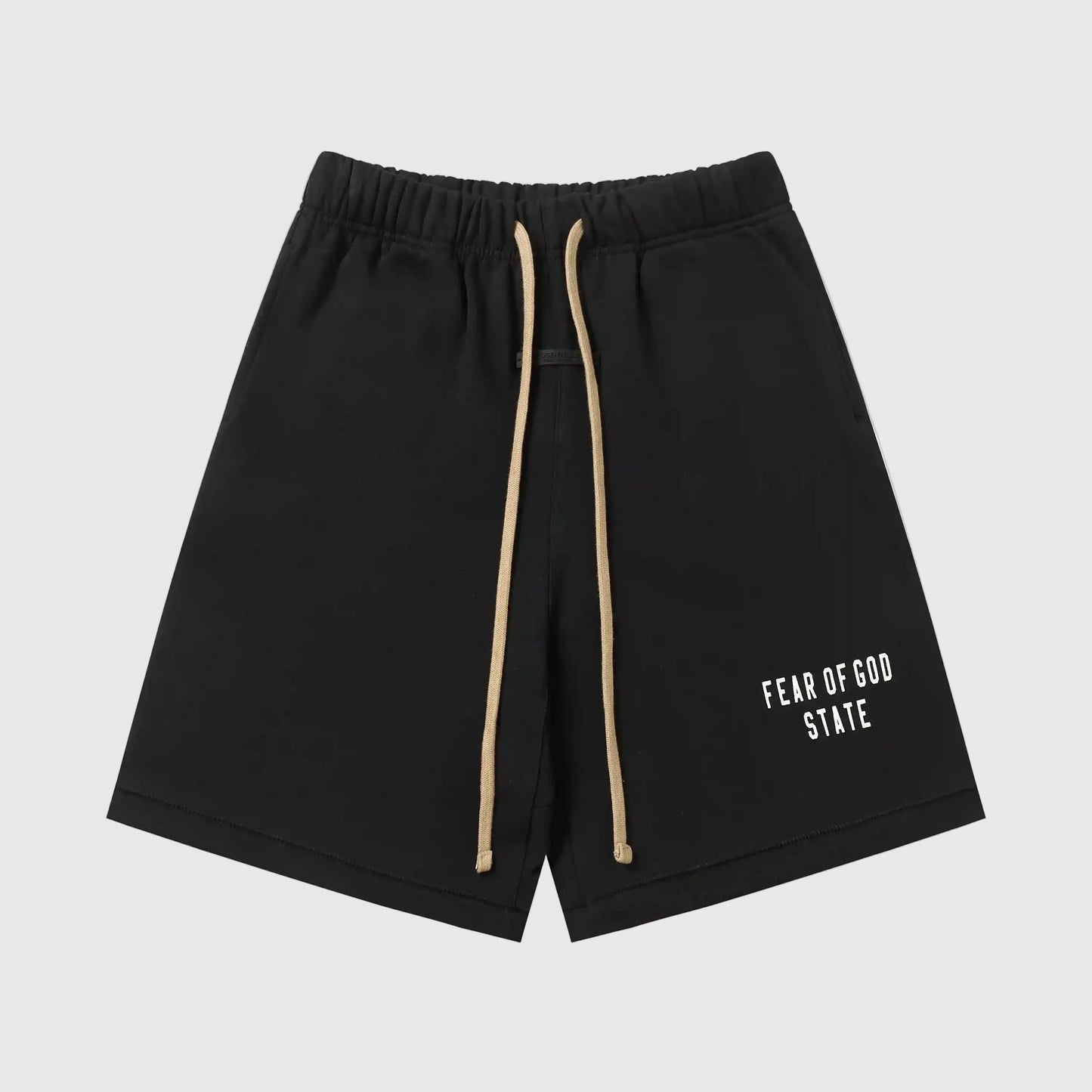 Fear of God Essentials black fleece shorts with tonal branding and long drawstrings