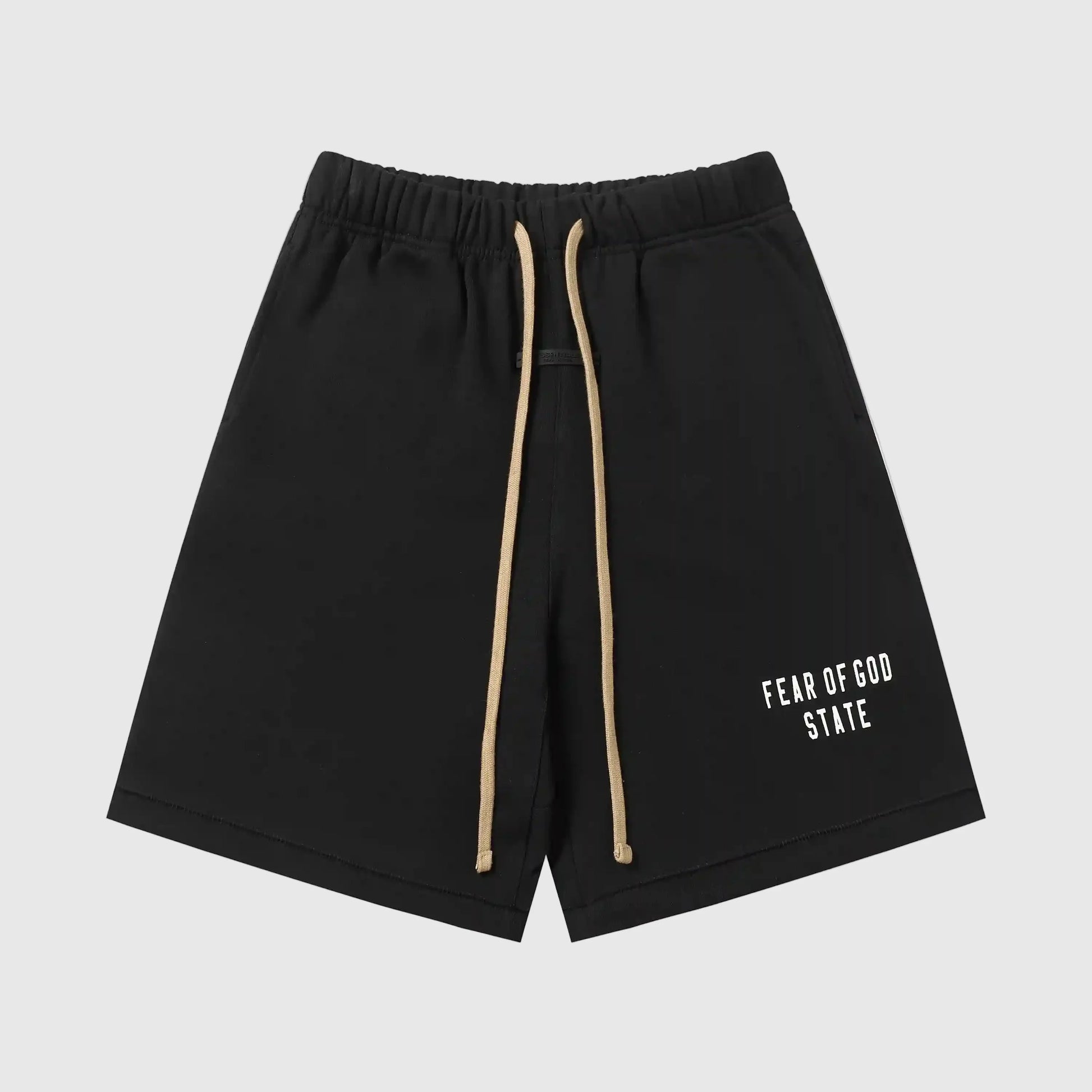 Fear of God Essentials black fleece shorts with tonal branding and long drawstrings