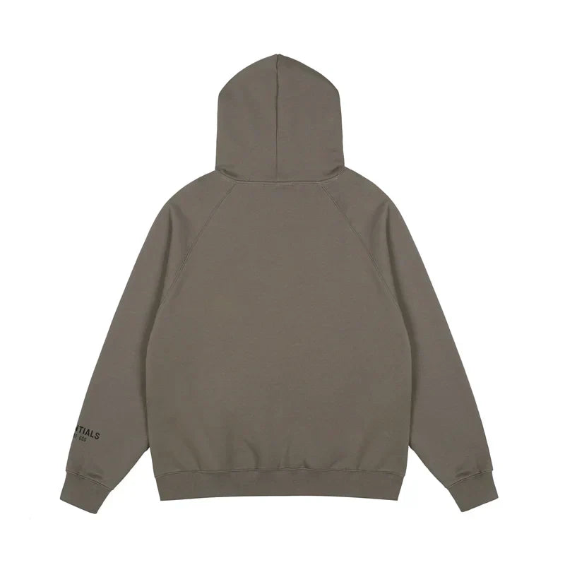 Essentials sandstone hoodie back view relaxed fit heavyweight core fleece