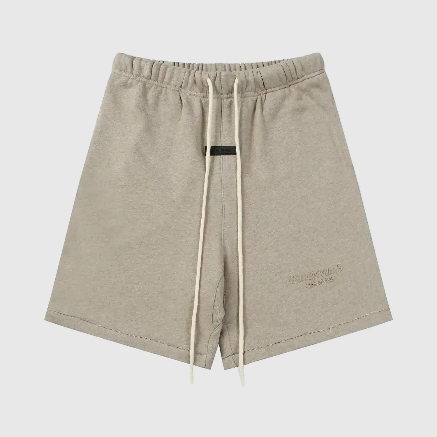 Fear of God Essentials Heathered Grey fleece shorts with tonal branding and long drawstrings