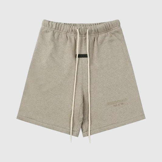Fear of God Essentials Heathered Grey fleece shorts with tonal branding and long drawstrings