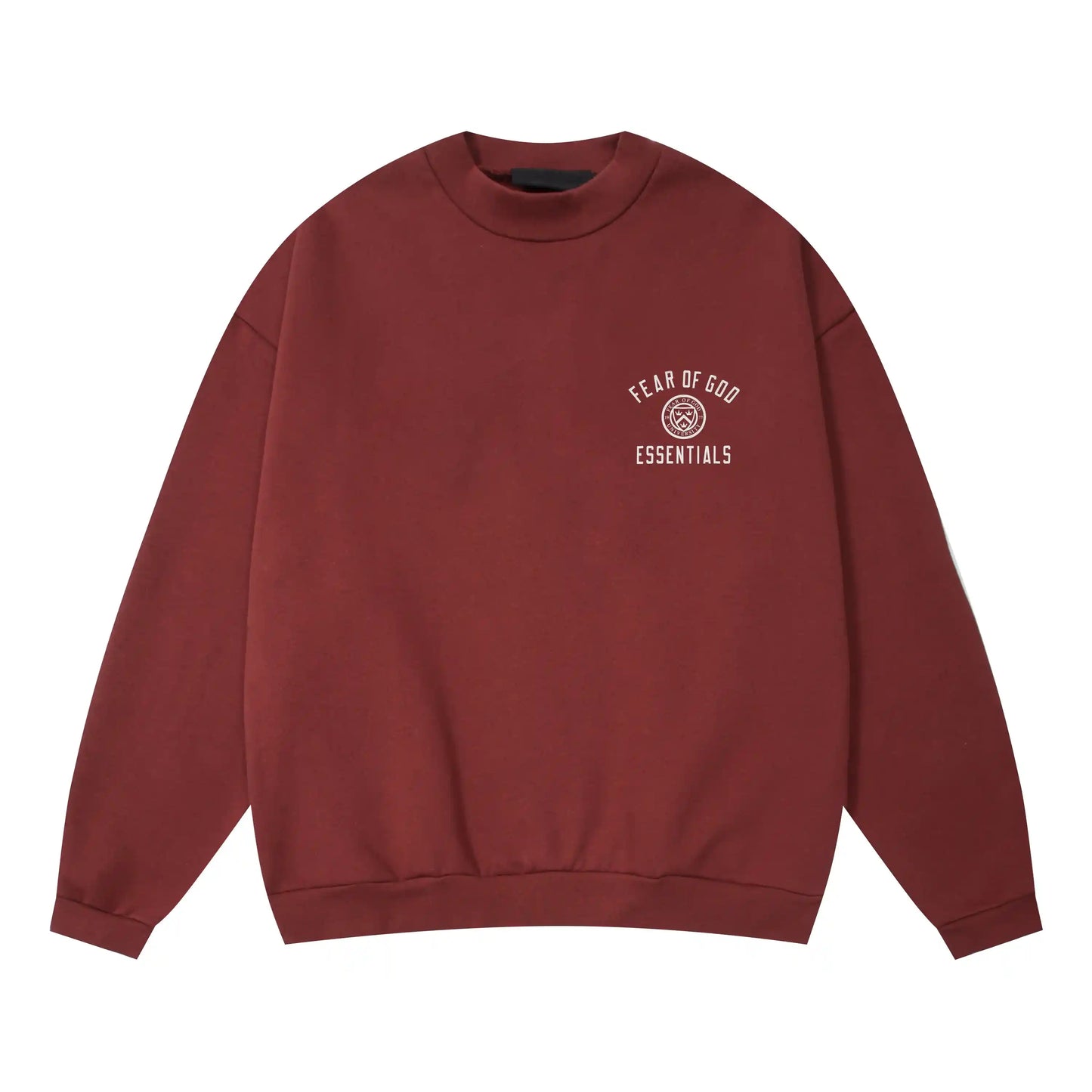 Dark chestnut Essentials crewneck center front rubberized black bar branding detail