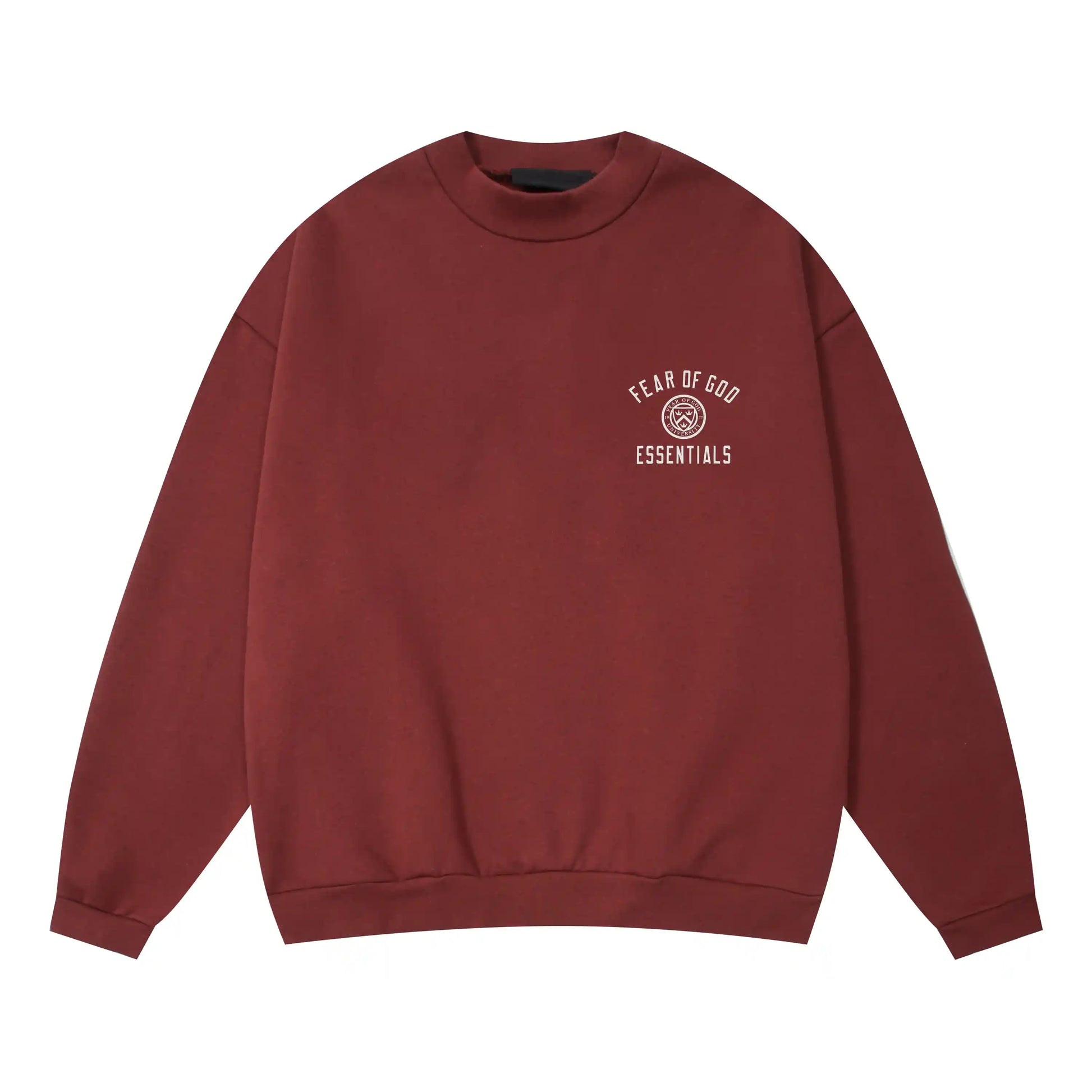 Dark chestnut Essentials crewneck center front rubberized black bar branding detail