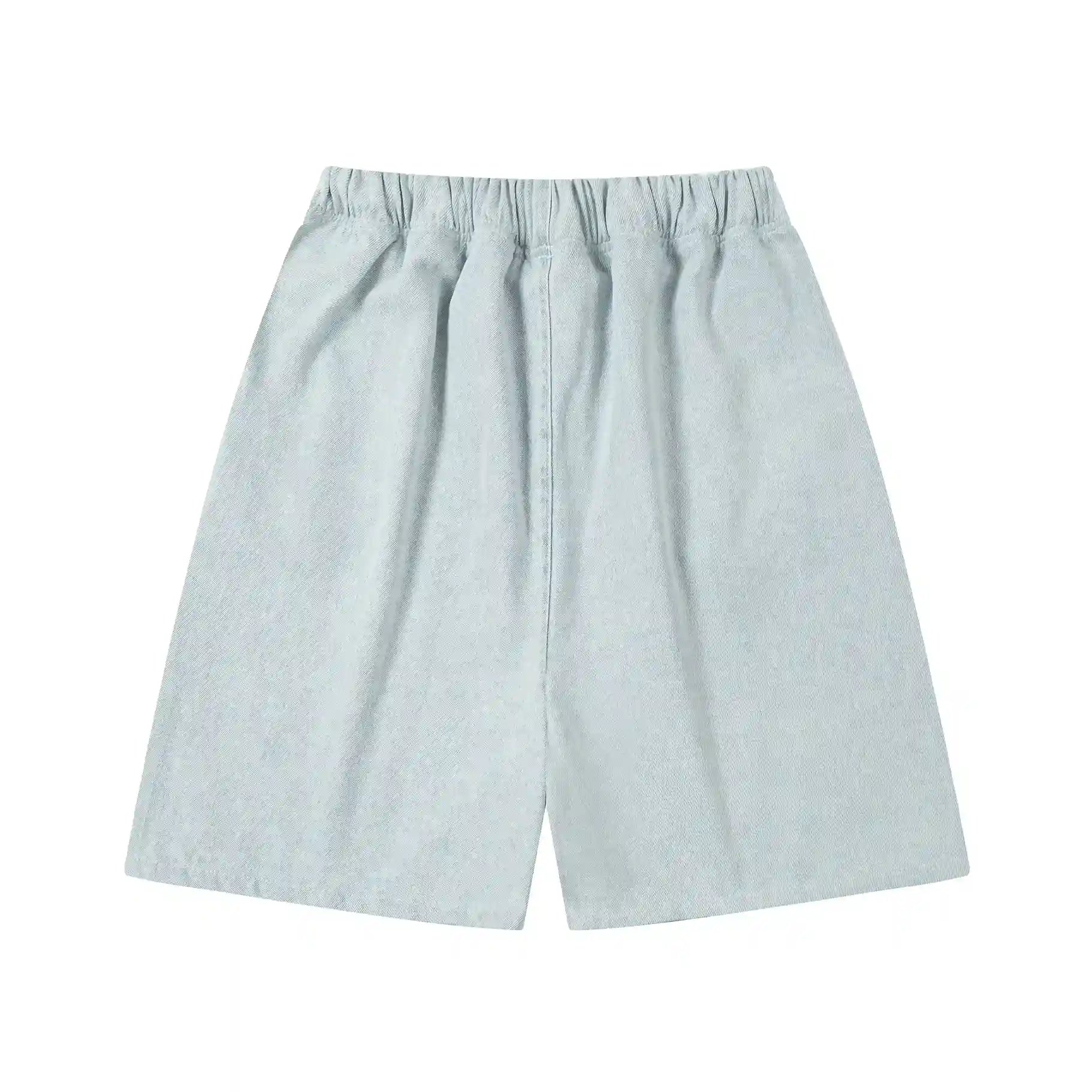 Fear of God Essentials denim blue fleece shorts with tonal logo and relaxed vintage fit