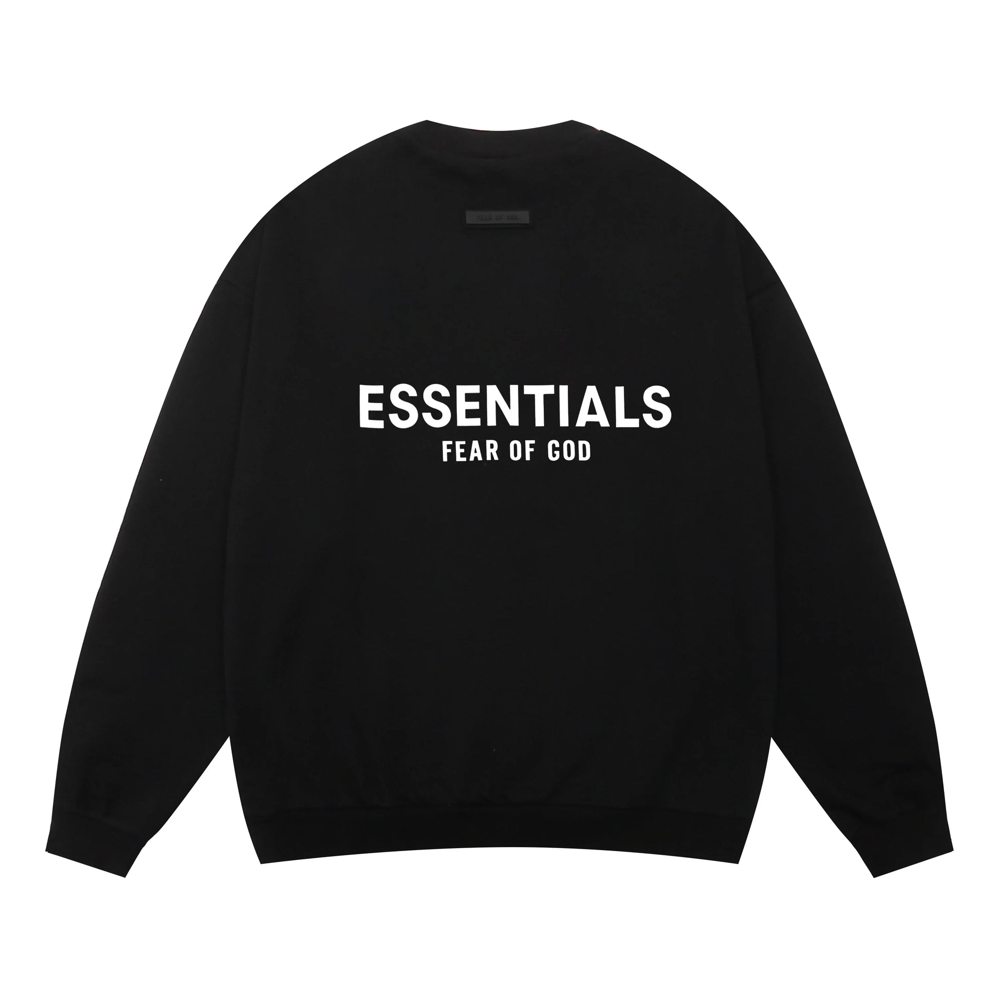 Essentials black sweatshirt back view beveled metallic logo branding