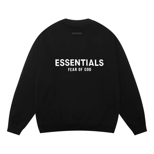 Essentials black sweatshirt back view beveled metallic logo branding