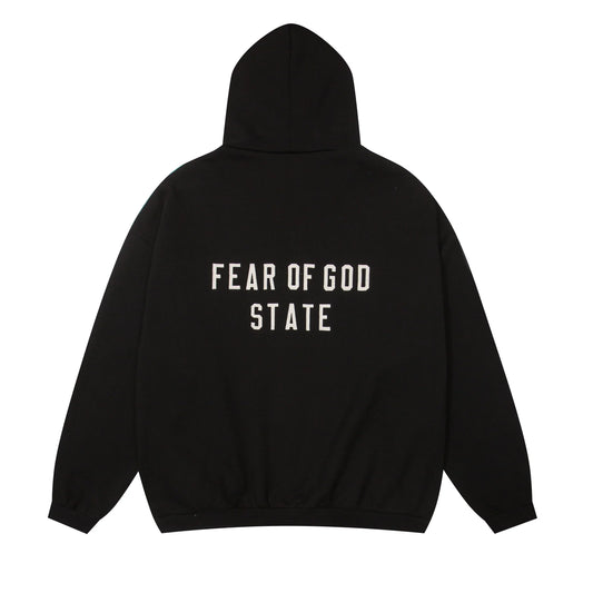 Essentials black zip fleece hoodie back view relaxed fit heavyweight fleece