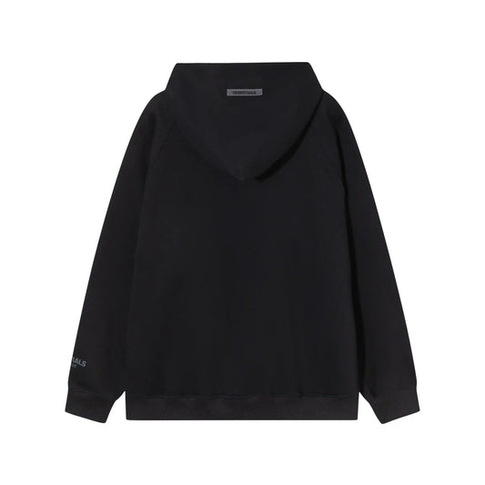 Essentials black hoodie back view relaxed fit heavyweight core fleece