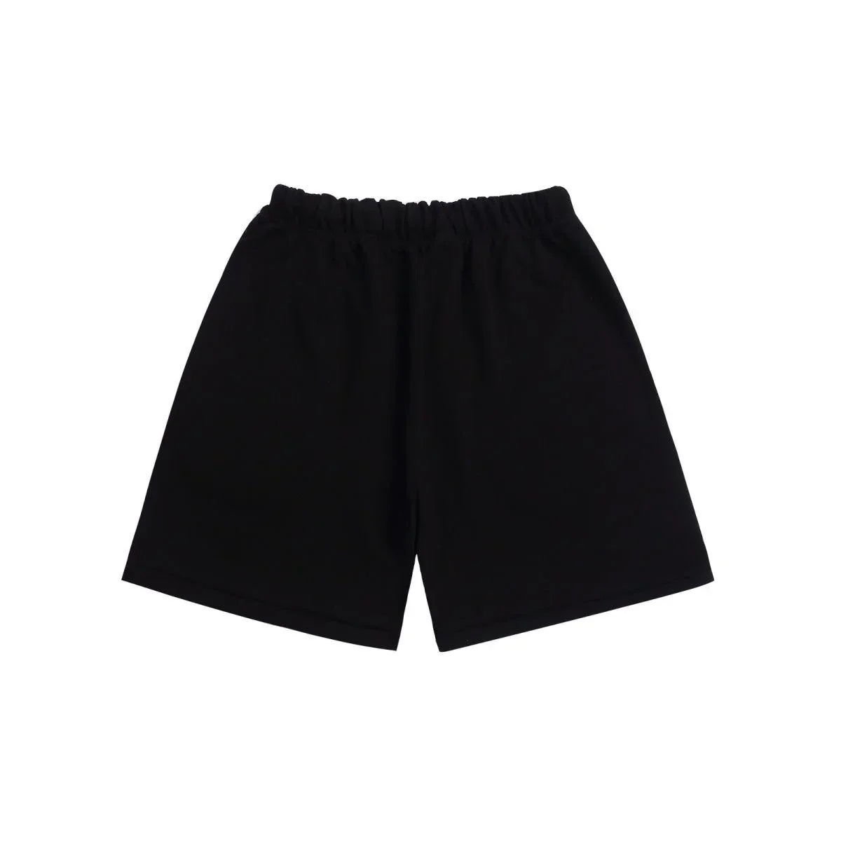 Fear of God Essentials black sweatshorts with drawstring waistband and logo detailing.