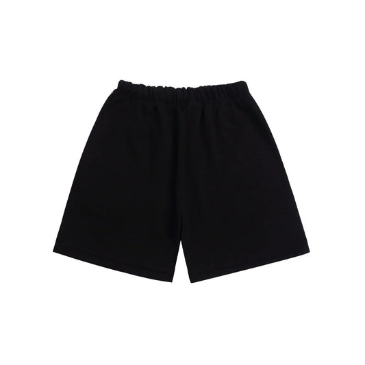 Fear of God Essentials black sweatshorts with drawstring waistband and logo detailing.