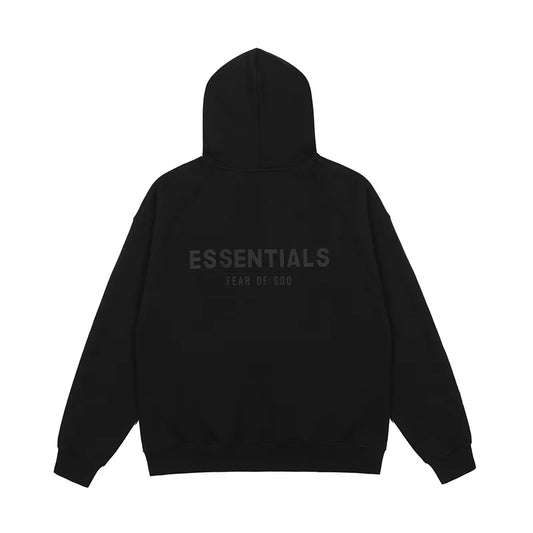 Essentials black hoodie back view relaxed fit heavyweight core fleece