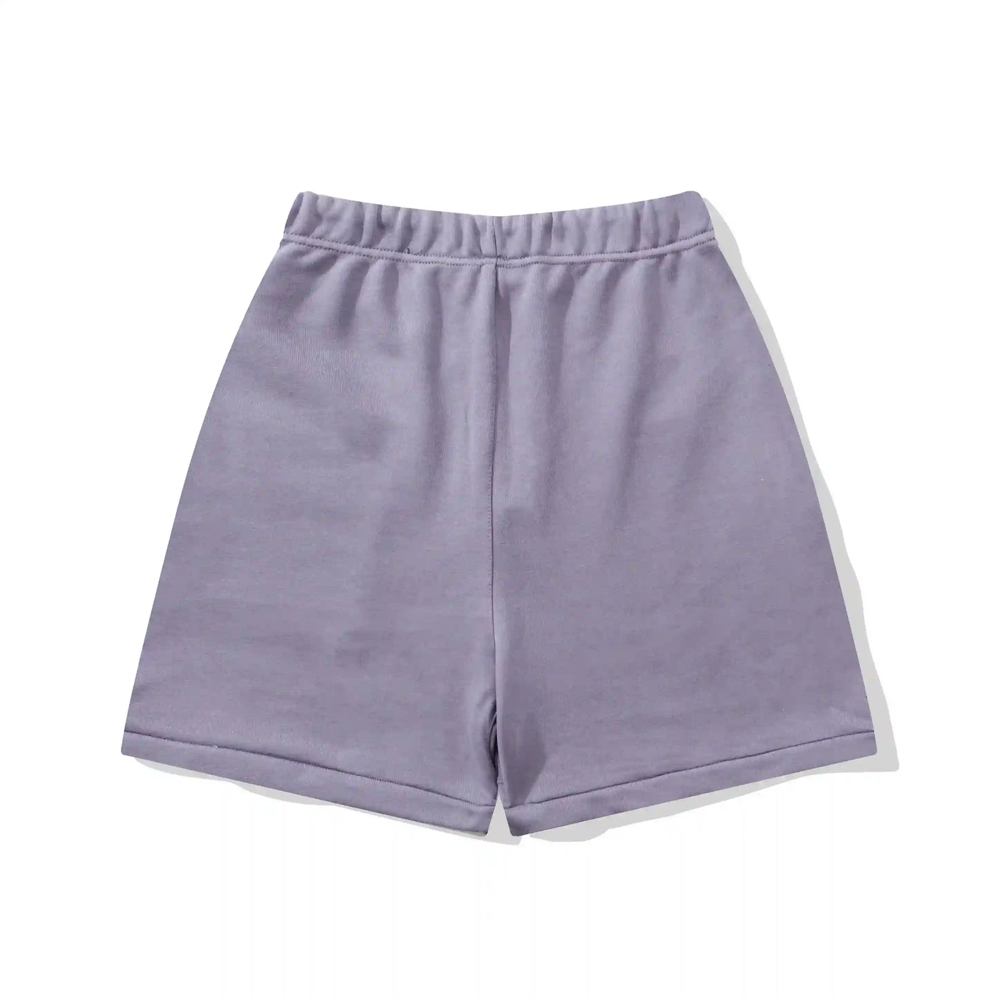 Fear of God Essentials Pastel Purple fleece shorts relaxed fit side view