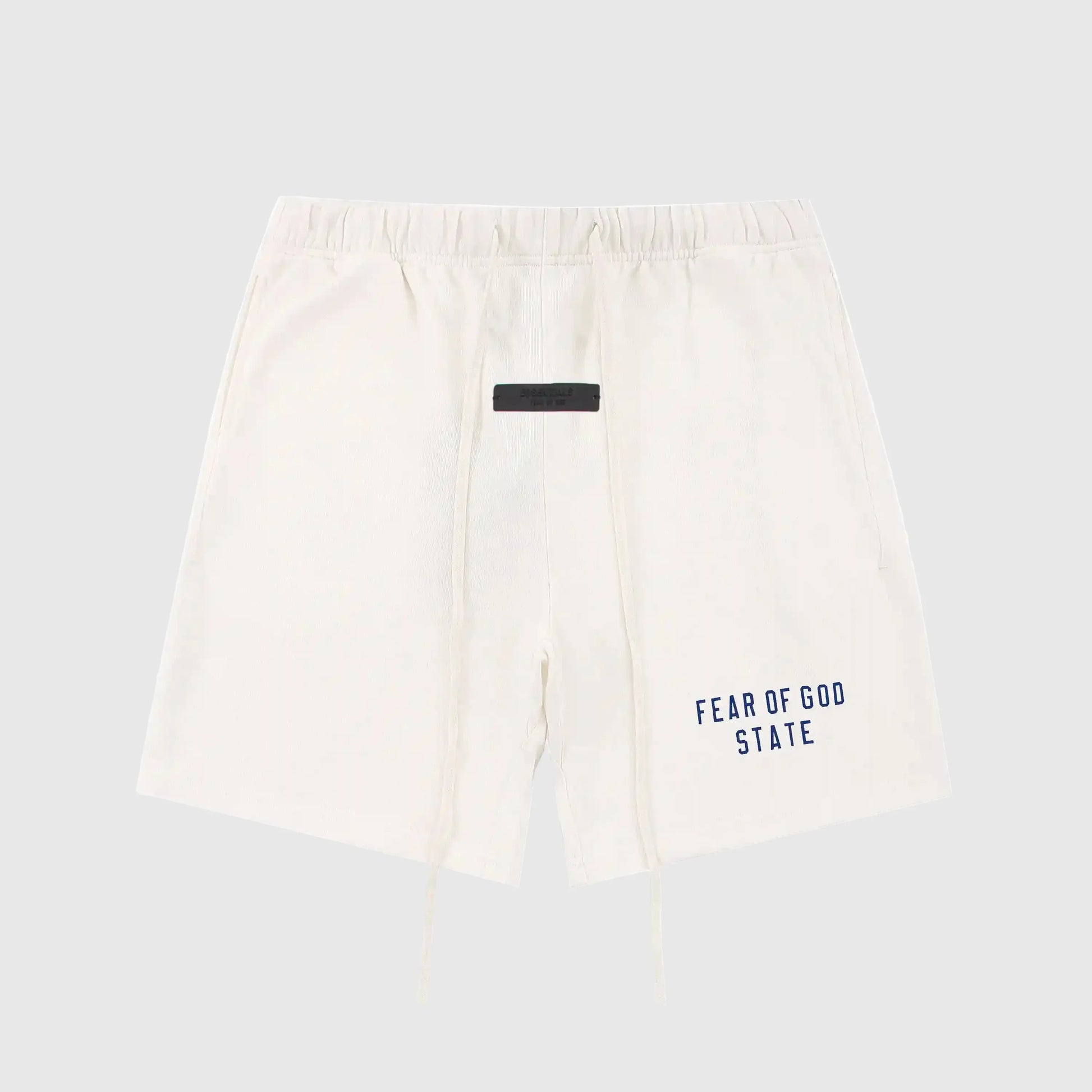 Fear of God Essentials Cloud Dance fleece shorts in light grey with relaxed silhouette and tonal logo