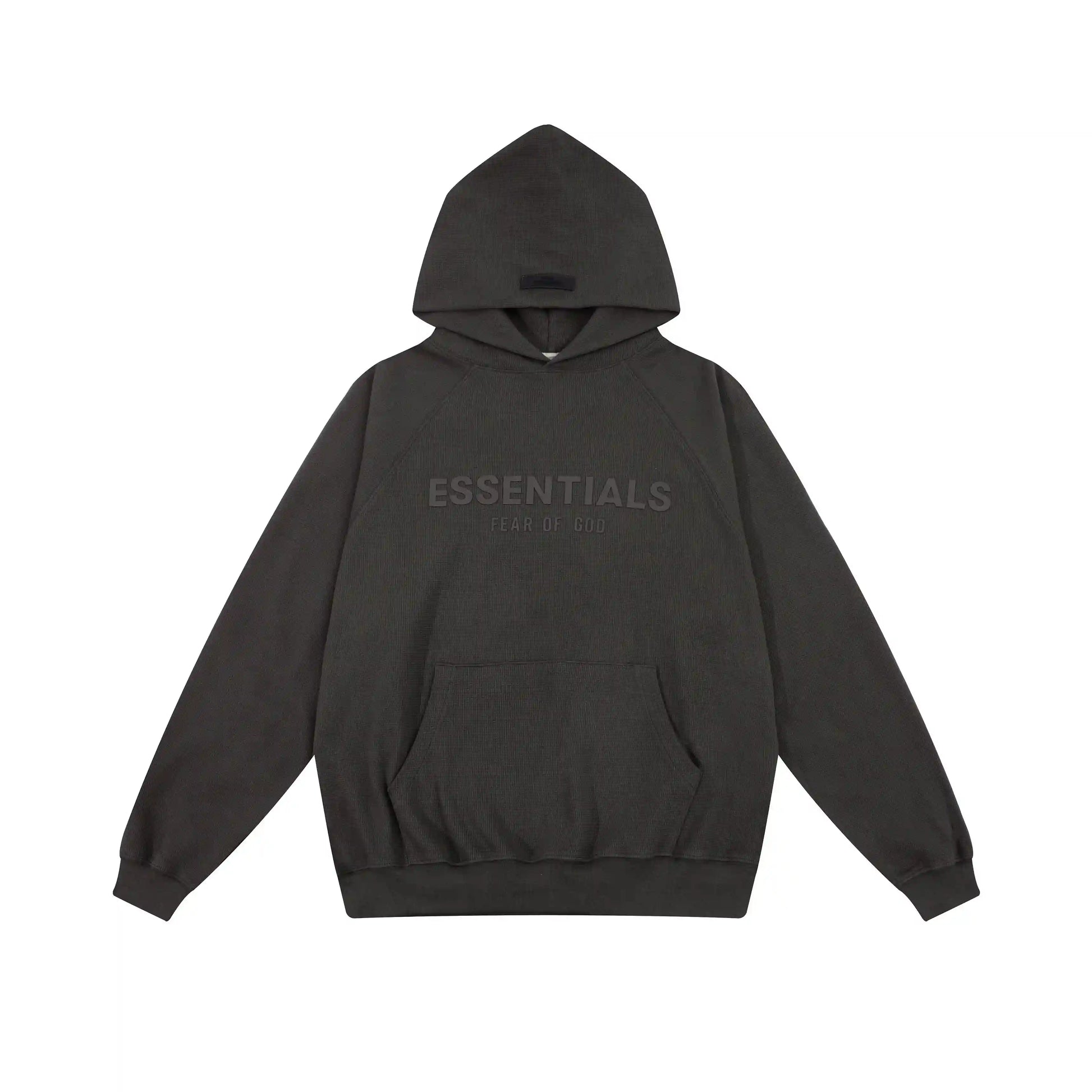 Essentials Black hoodie set branding detail close-up