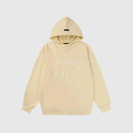 Fear of God Essentials Calm Shell hoodie front view with rubberized black bar branding