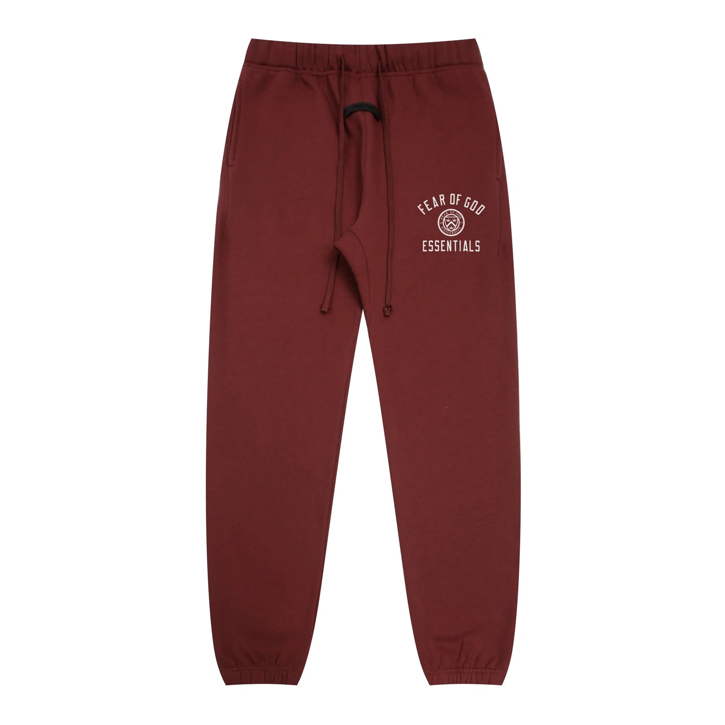 Dark chestnut Essentials joggers soft-touch rubberized logo on leg close-up
