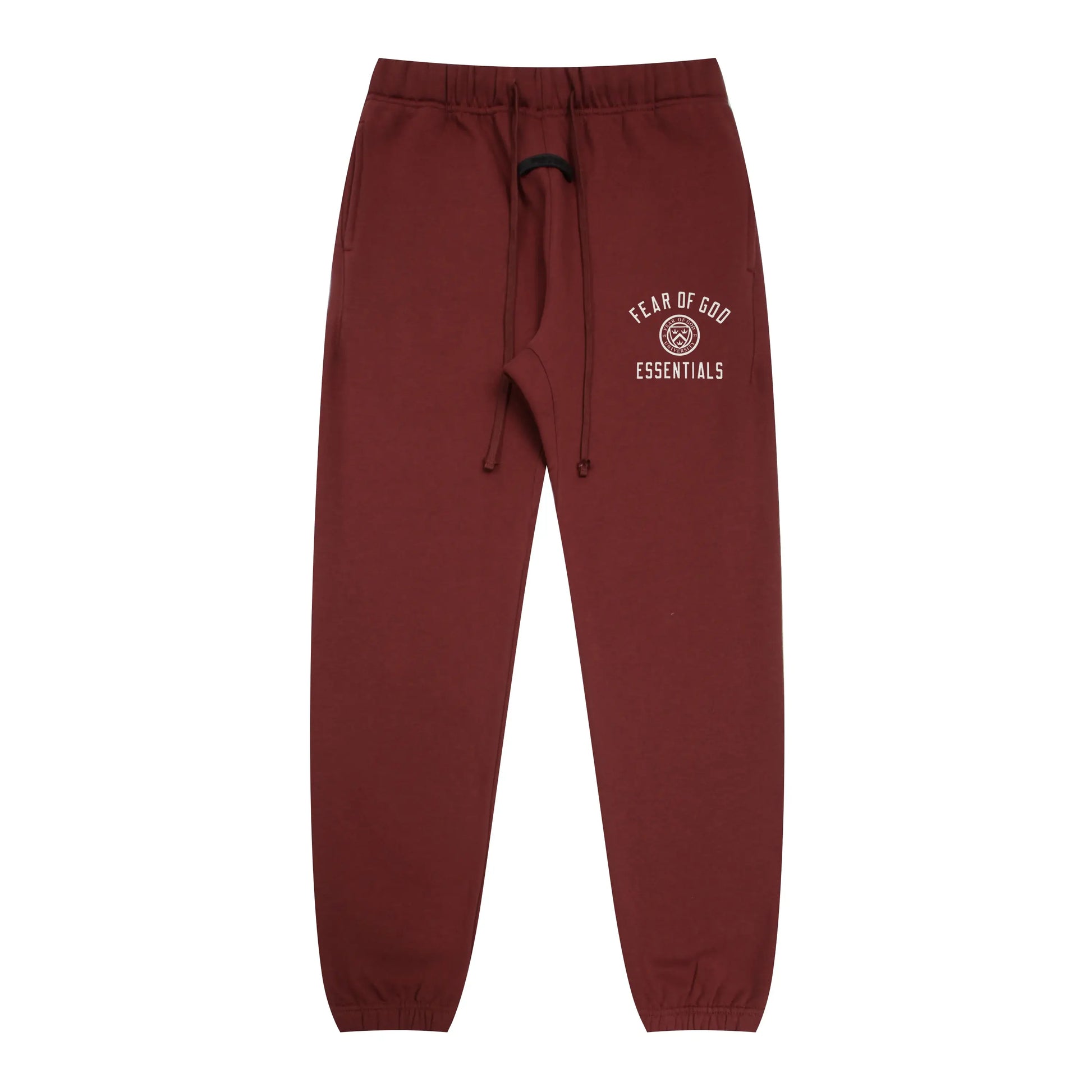 Dark chestnut Essentials joggers soft-touch rubberized logo on leg close-up