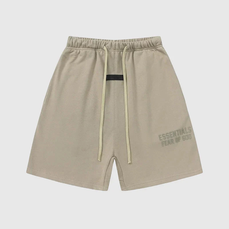 Fear of God Essentials heathered grey fleece shorts with relaxed fit and tonal logo