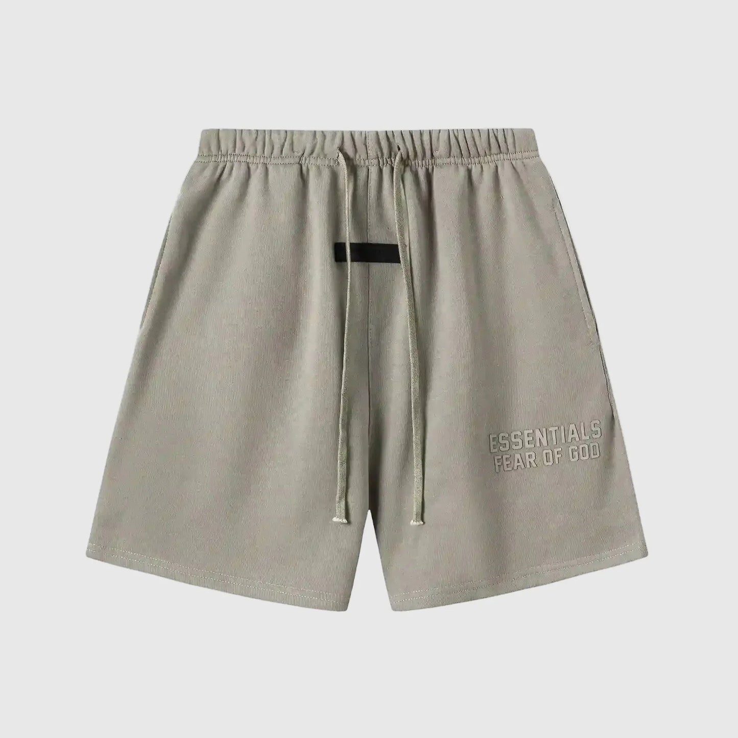 Fear of God Essentials Heathered Grey fleece shorts with drawstring waistband and tonal branding