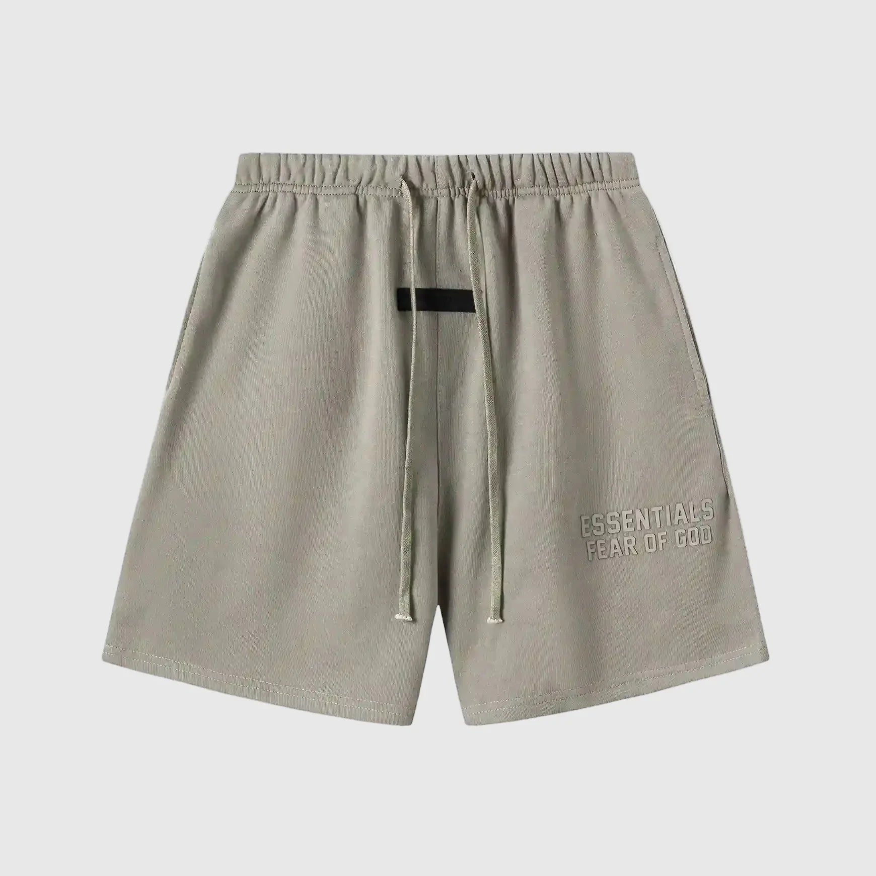 Fear of God Essentials Heathered Grey fleece shorts with drawstring waistband and tonal branding