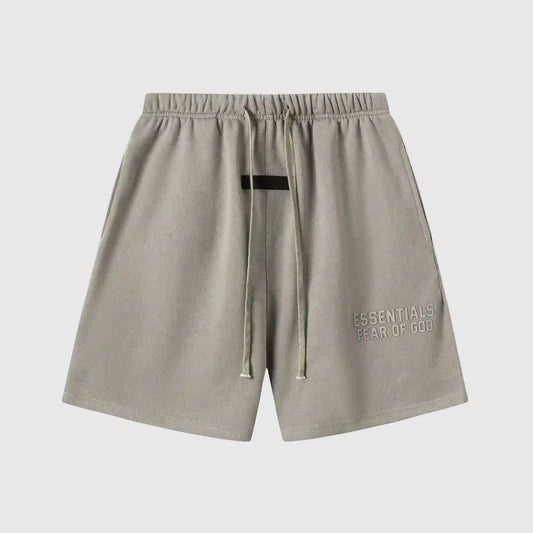 Fear of God Essentials Heathered Grey fleece shorts with drawstring waistband and tonal branding