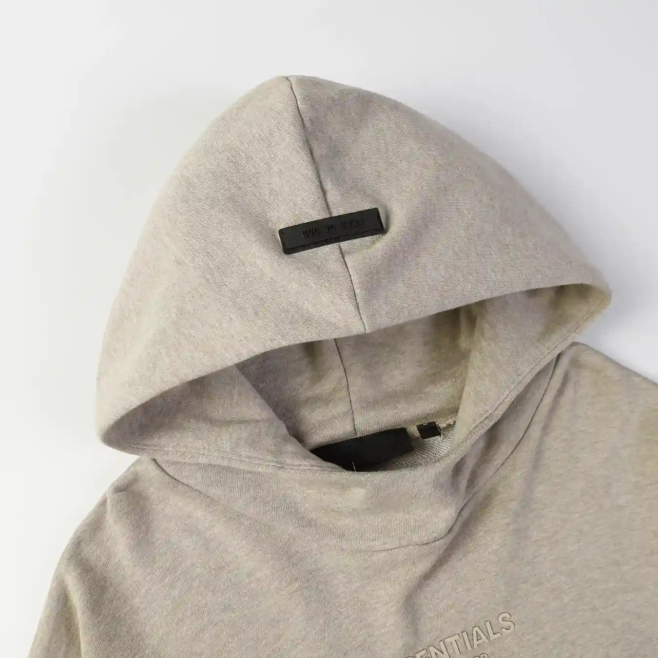 essentials heathered grey hoodie front view minimalist design