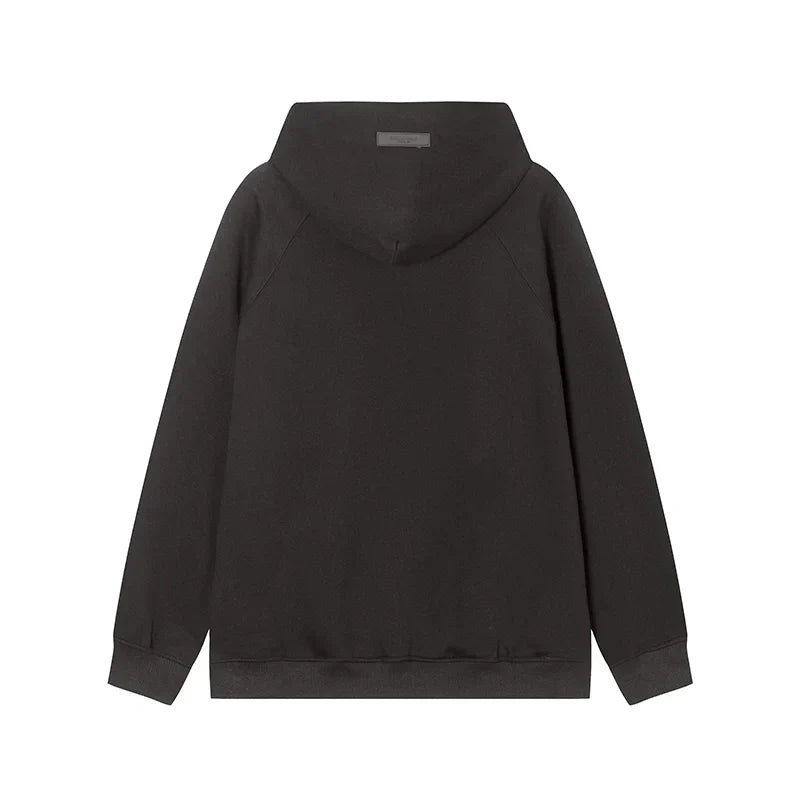 Essentials black hoodie back view relaxed fit heavyweight core fleece