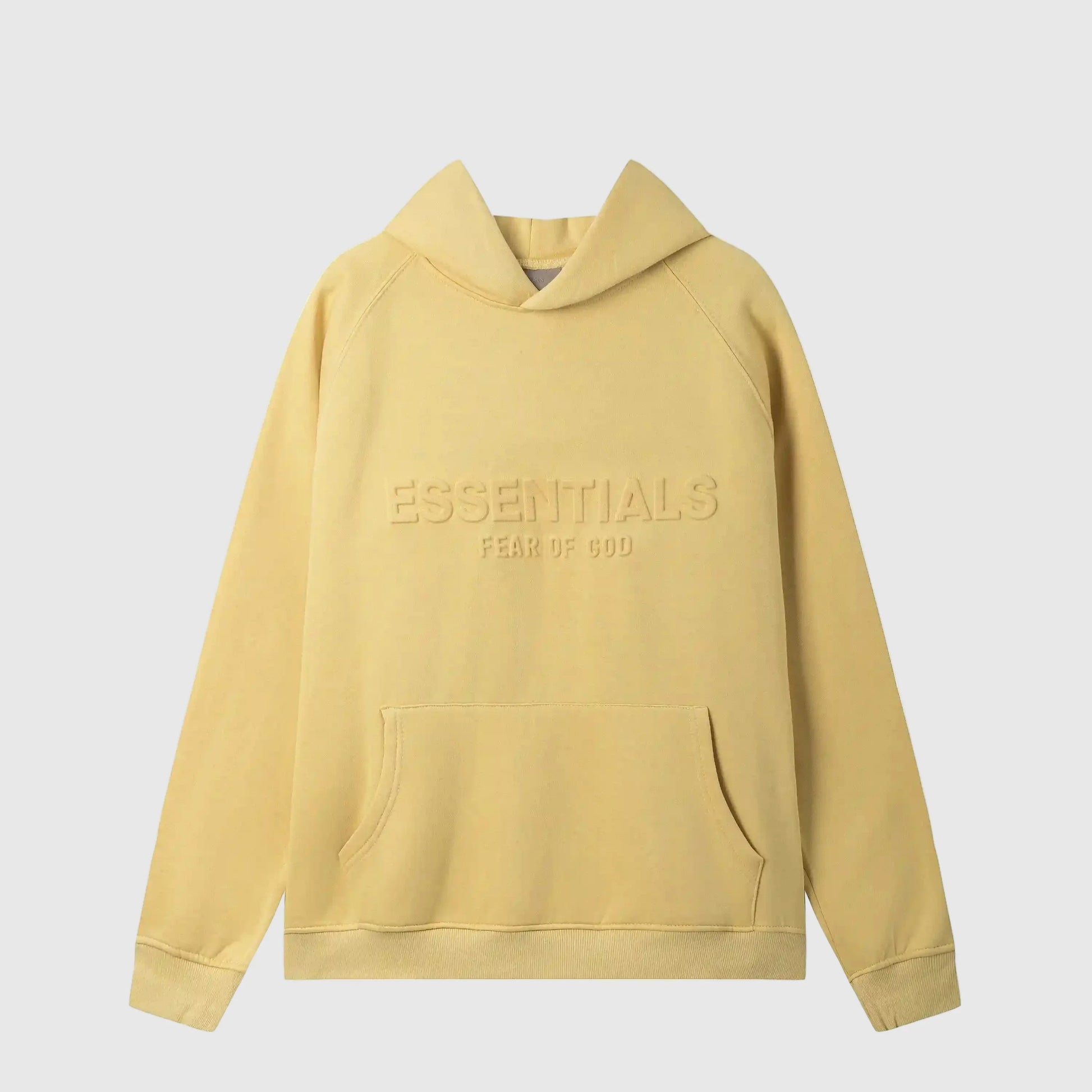 Fear of God Essentials Garden Yellow hoodie front view with rubberized black bar branding