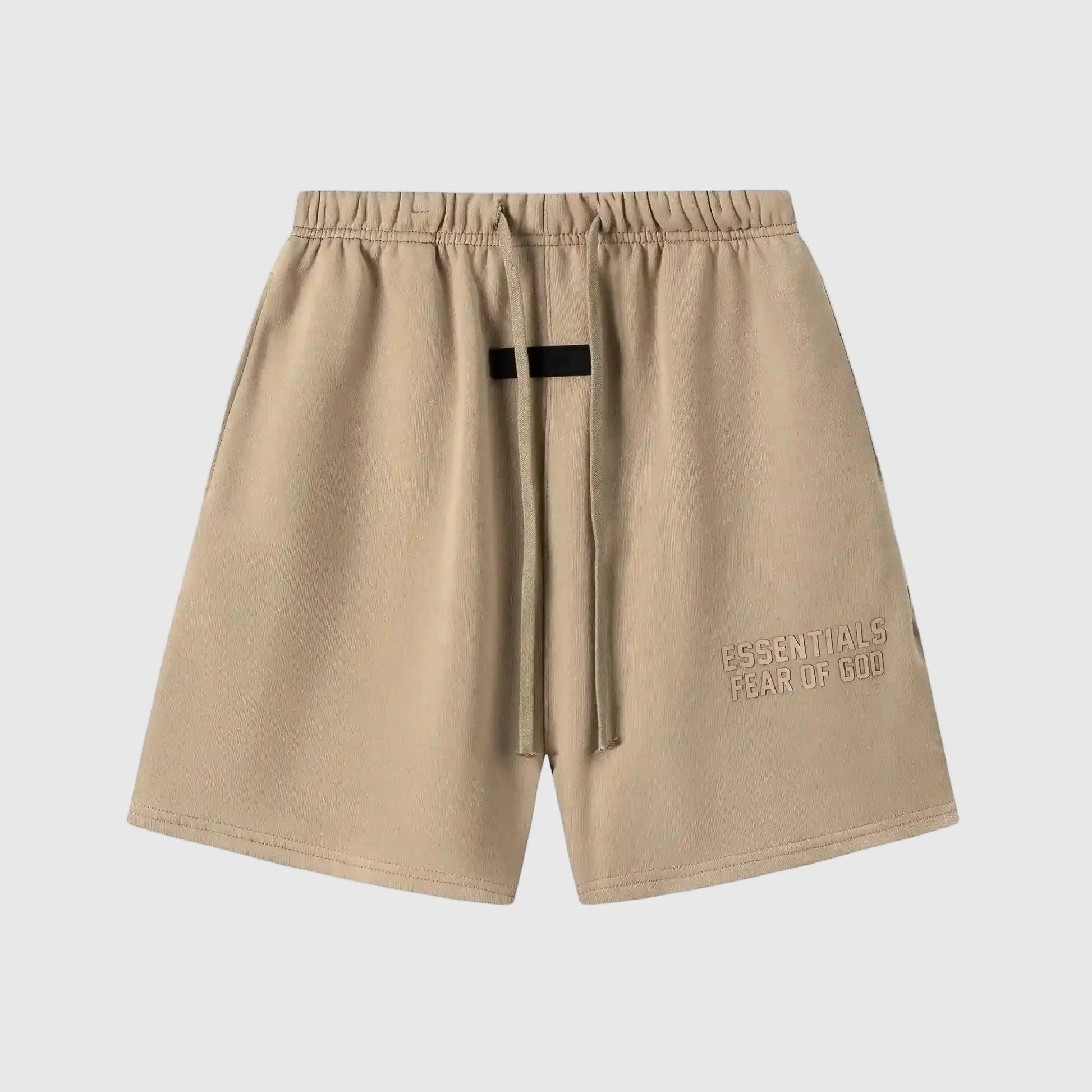 Fear of God Essentials Calm Shell fleece shorts in beige with tonal branding and relaxed silhouette