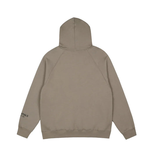 Essentials light taupe hoodie back view relaxed fit heavyweight core fleece