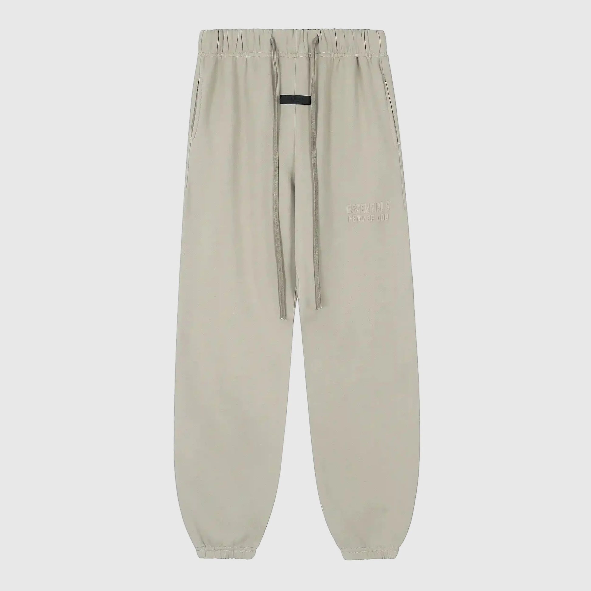 Essentials heathered grey relaxed street fleece sweatpants by Fear of God front view