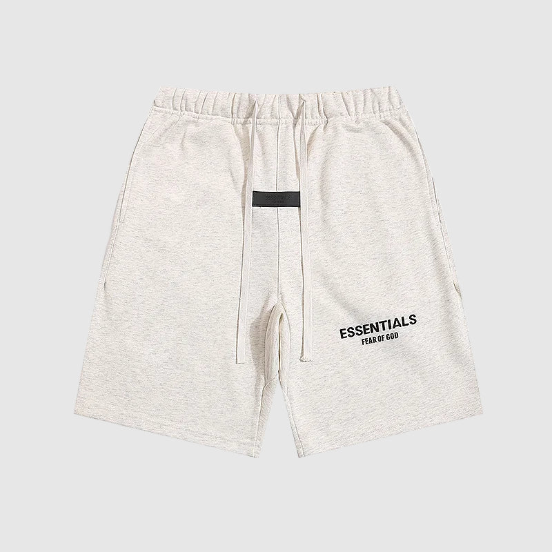 Fear of God Essentials Cloud Dance shorts in light grey fleece with relaxed silhouette