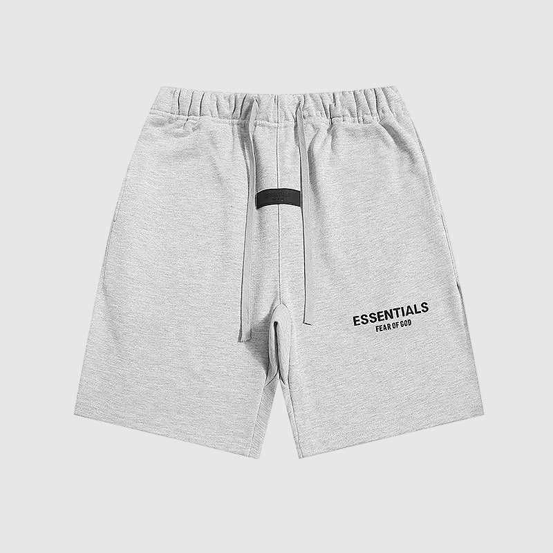 Essentials Light Heather Oatmeal fleece shorts front view – Fear of God